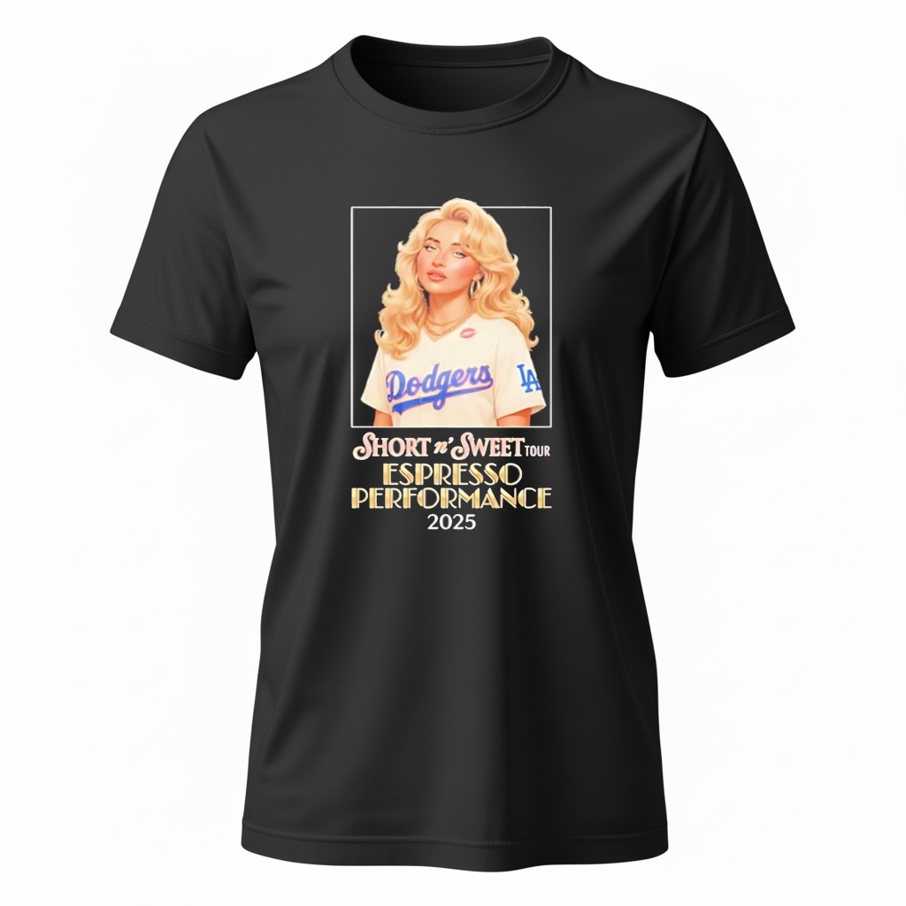 Sabrina Carpenter x Los Angeles Dodgers Short n Sweet Tour 2025 Espresso Performance Ladies T-Shirt Sabrina Carpenter x Los Angeles Dodgers Short n Sweet Tour 2025 Espresso Performance Ladies T-Shirt