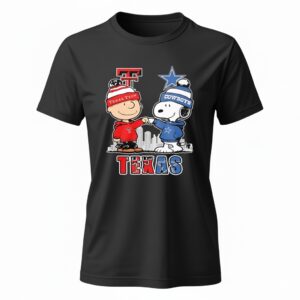 Snoopy and Charlie Brown bump Texas Tech Red Raiders and Dallas Cowboys Ladies T-Shirt