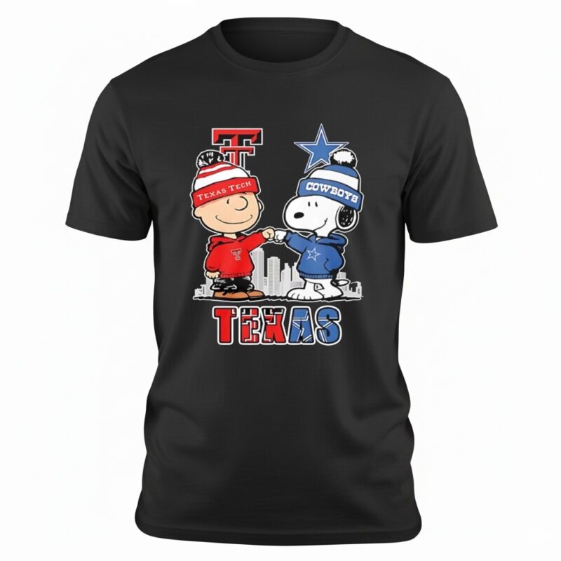 Snoopy and Charlie Brown bump Texas Tech Red Raiders and Dallas Cowboys shirt