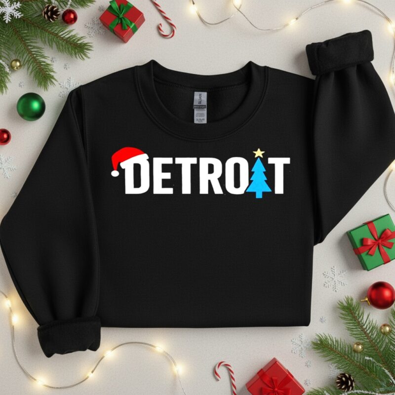 Detroit with Santa hat Christmas tree_Crewneck Sweatshirt