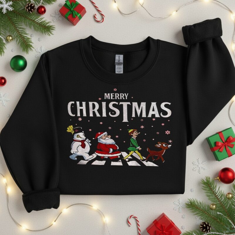 Elf Santa and Snowman Abbey Road Merry Christmas_Crewneck Sweatshirt