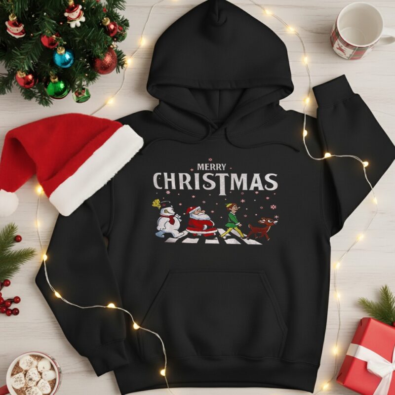 Elf Santa and Snowman Abbey Road Merry Christmas_Hoodie