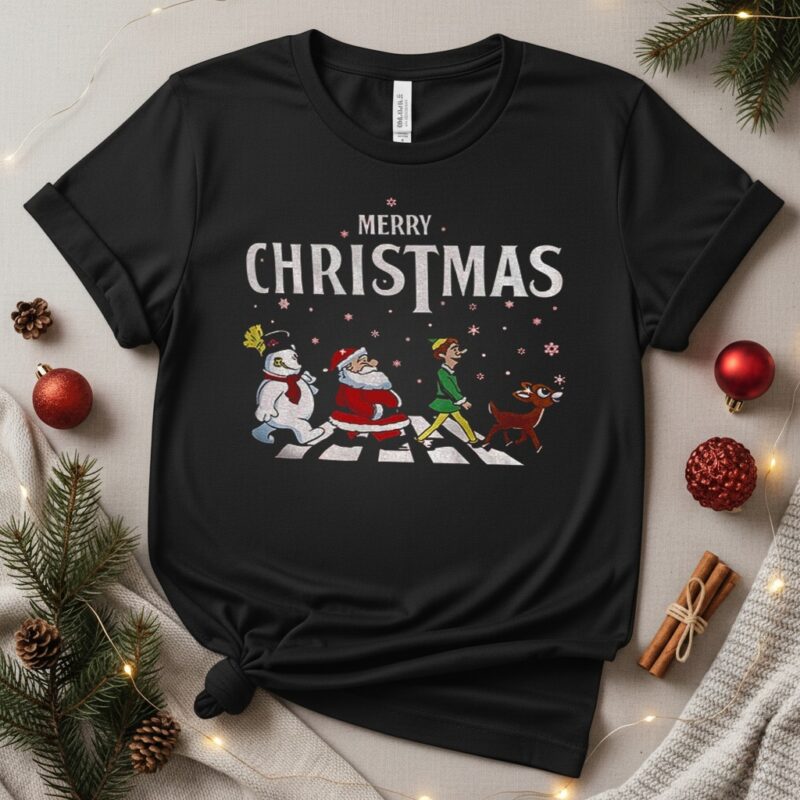 Elf Santa and Snowman Abbey Road Merry Christmas_T-Shirt