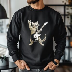 Funny Cat Playing Guitar Rock and Roll_Crewneck Sweatshirt