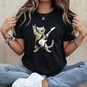 Funny Cat Playing Guitar Rock and Roll_Ladies T-Shirt