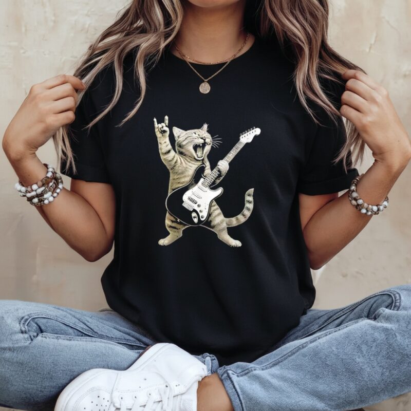 Funny Cat Playing Guitar Rock and Roll_Ladies T-Shirt