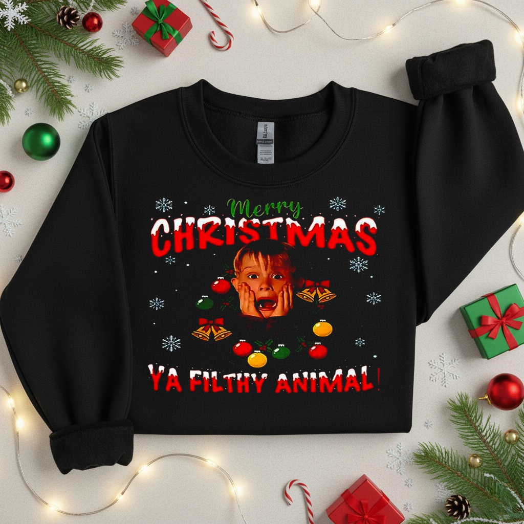 Kevin Home Alone merry Christmas ya filthy animal meme ugly_Crewneck Sweatshirt Kevin Home Alone merry Christmas ya filthy animal meme ugly_Crewneck Sweatshirt