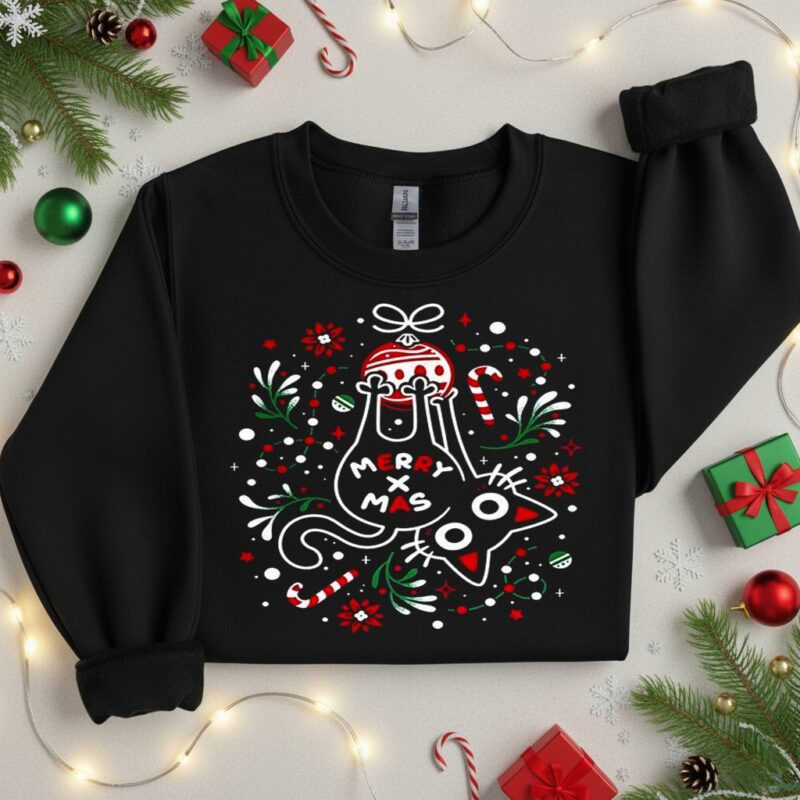 Merry Kissmyass Xmas cat playing Christmas ball_Crewneck Sweatshirt