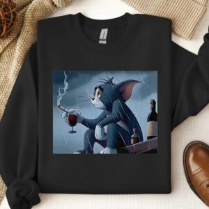 Tom pensive and sad smoking in the rain cartoon_Crewneck Sweatshirt