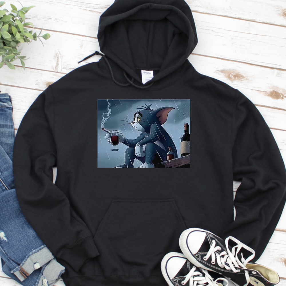 Tom pensive and sad smoking in the rain cartoon_Hoodie Tom pensive and sad smoking in the rain cartoon_Hoodie