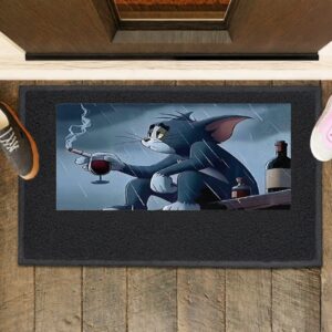 Tom pensive and sad smoking in the rain cartoon_Rubber Doormat