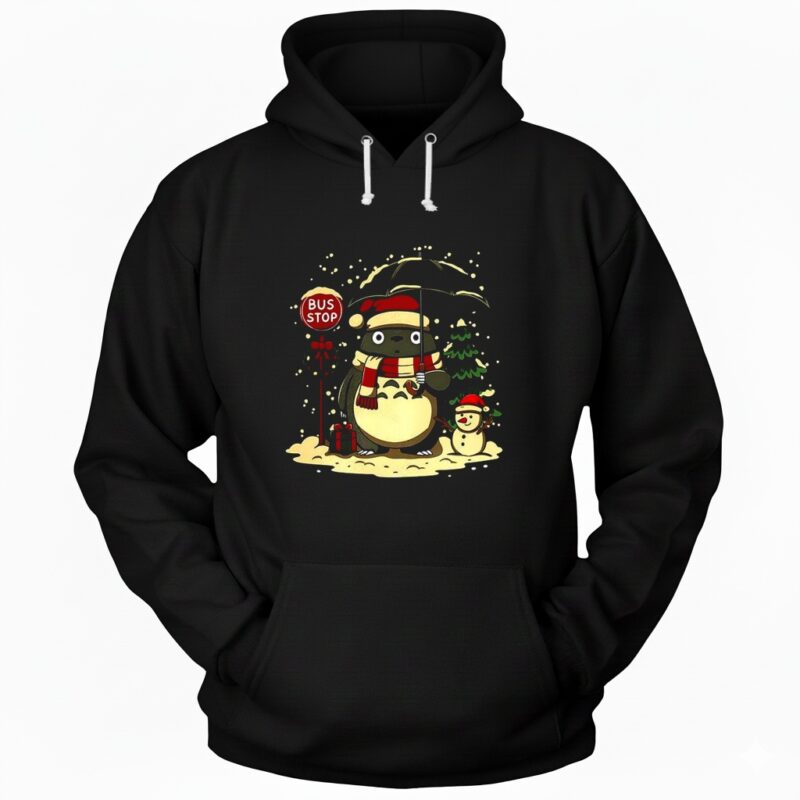 Totoro and snowman winter bus stop cartoon_Hoodie