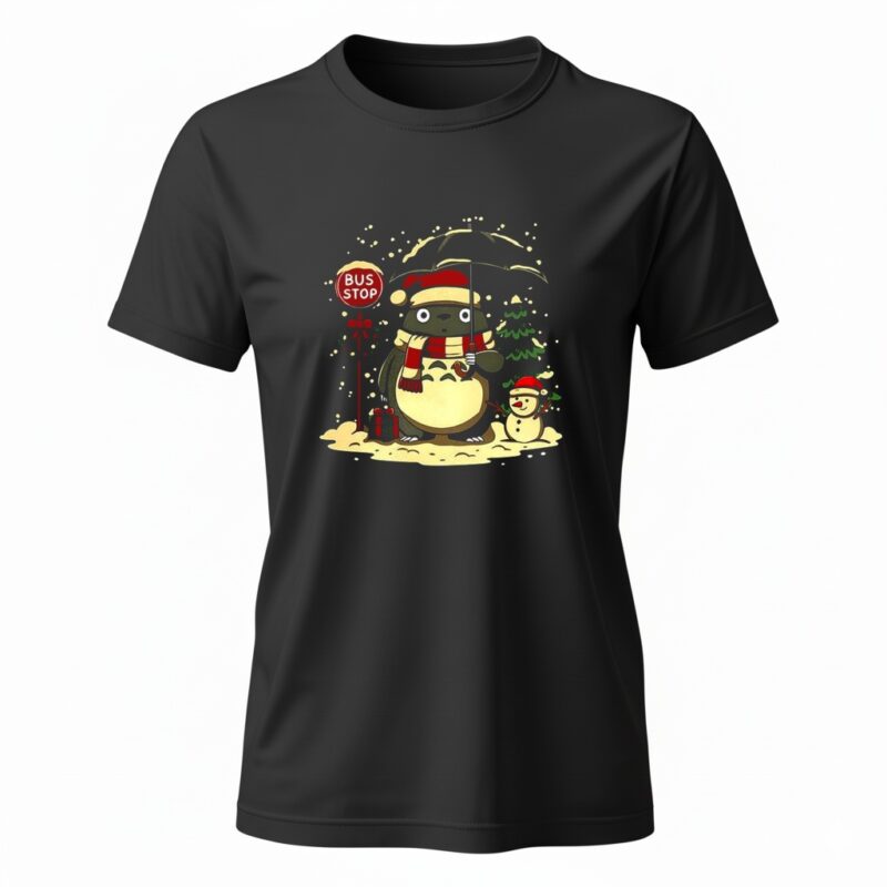 Totoro and snowman winter bus stop cartoon_Ladies T-Shirt