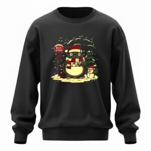 Totoro and snowman winter bus stop cartoon_Sweatshirt