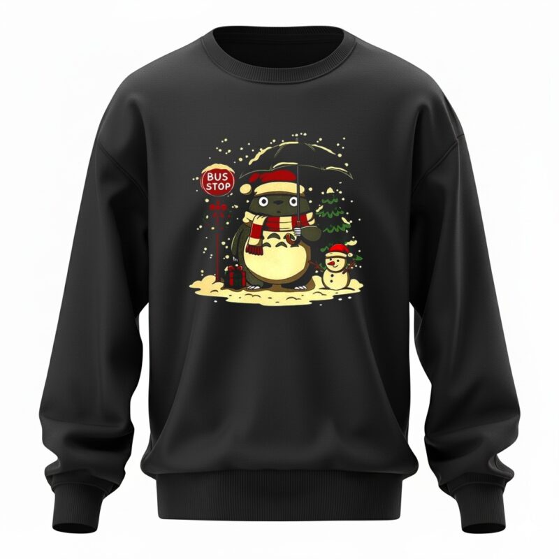 Totoro and snowman winter bus stop cartoon_Sweatshirt