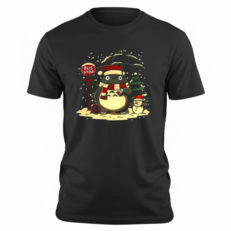Totoro and snowman winter bus stop cartoon shirt