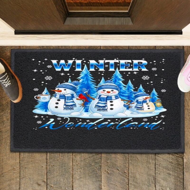 Winter Wonderland Snowman Family Snowflake Cozy Winter Scene_Rubber Doormat