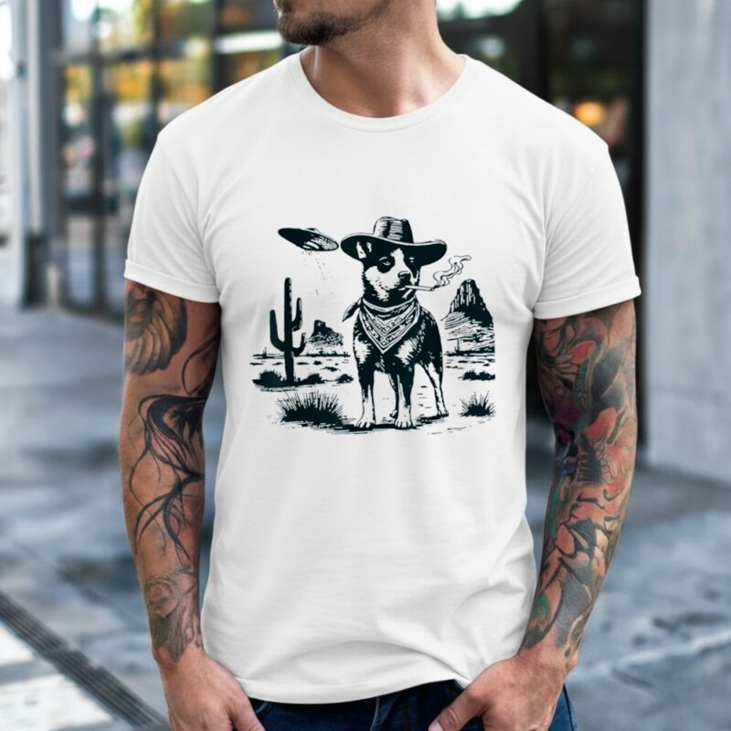 Australian Cattle Dog Smoking with UFO Western Cowboy Dog_Classic Men's T-Shirt